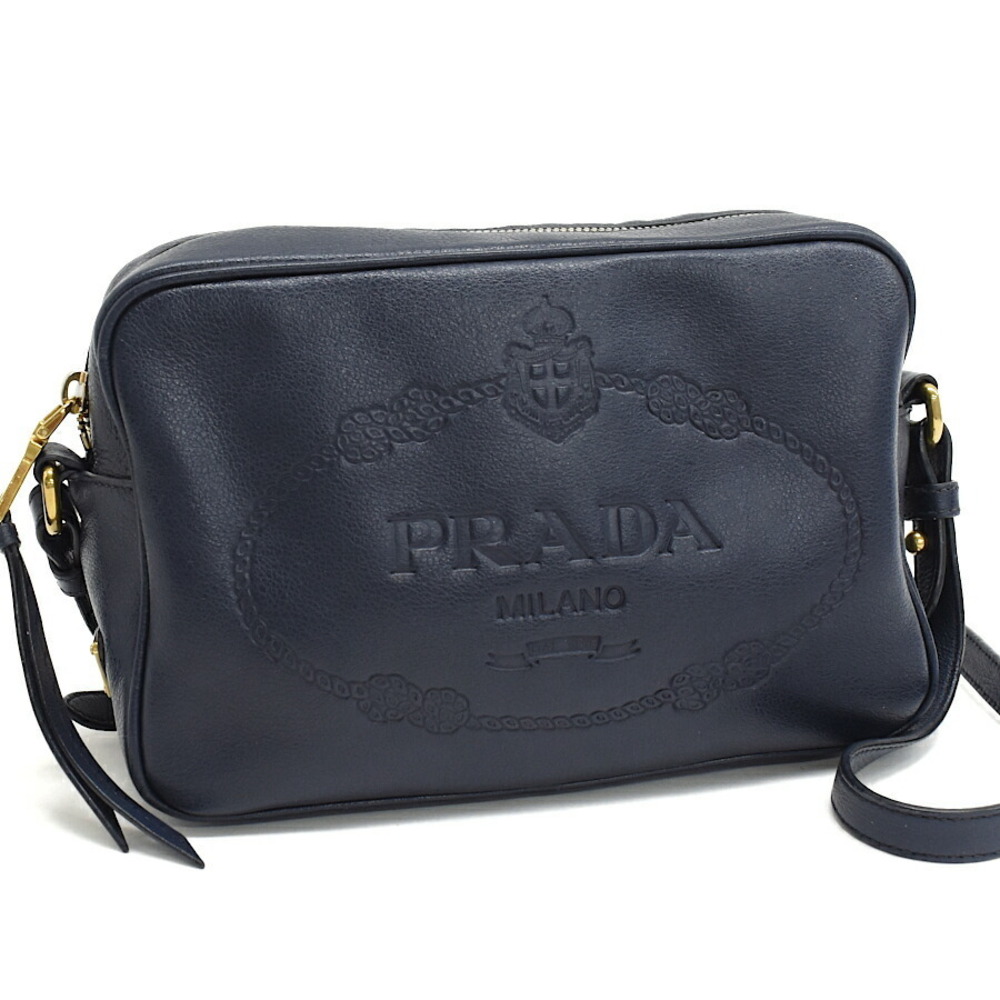 Prada Crossbody Shoulder Bag Camera Logo Leather Navy Blue